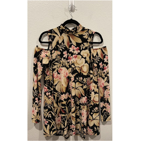 SHOW ME YOUR MUMU Cold Shoulder Black Beige Floral Mini Dress - Picture 2 of 5